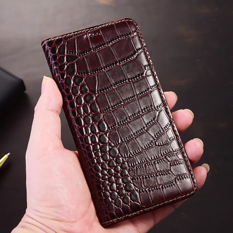 Capa de telefone em couro genuíno oxhide para Xiaomi Poco C75 C71 C65 C61 C55 C51 C50 C40 C31 C3 com padrão de crocodilo marrom escuro