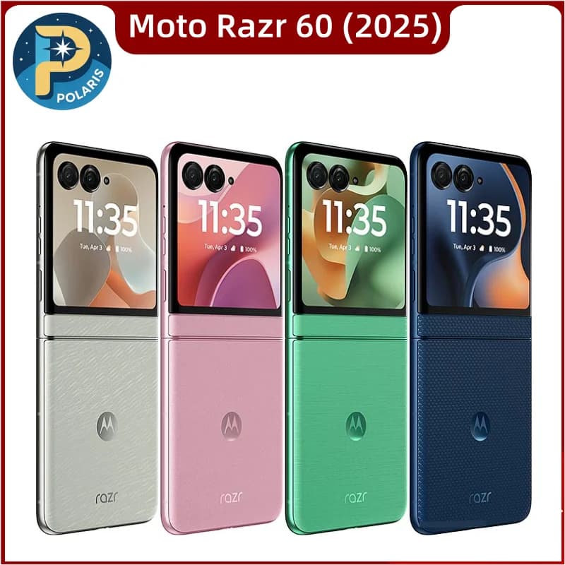 Motorola Moto Razr 60 2025 em cinza, rosa, verde e azul
