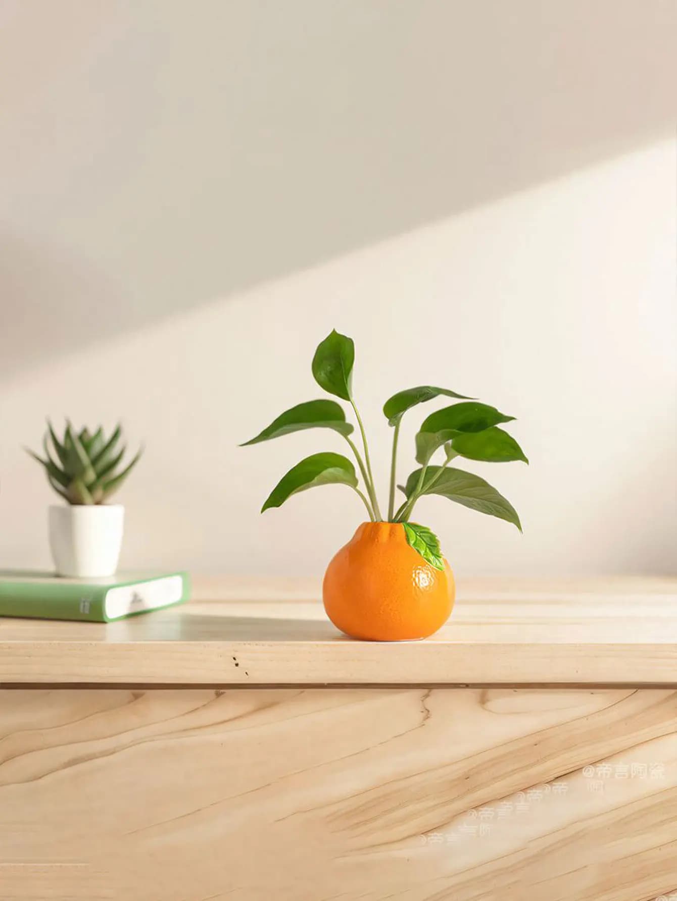 Vaso laranja decorativo com planta verde sobre mesa de madeira clara, estilo criativo e moderno