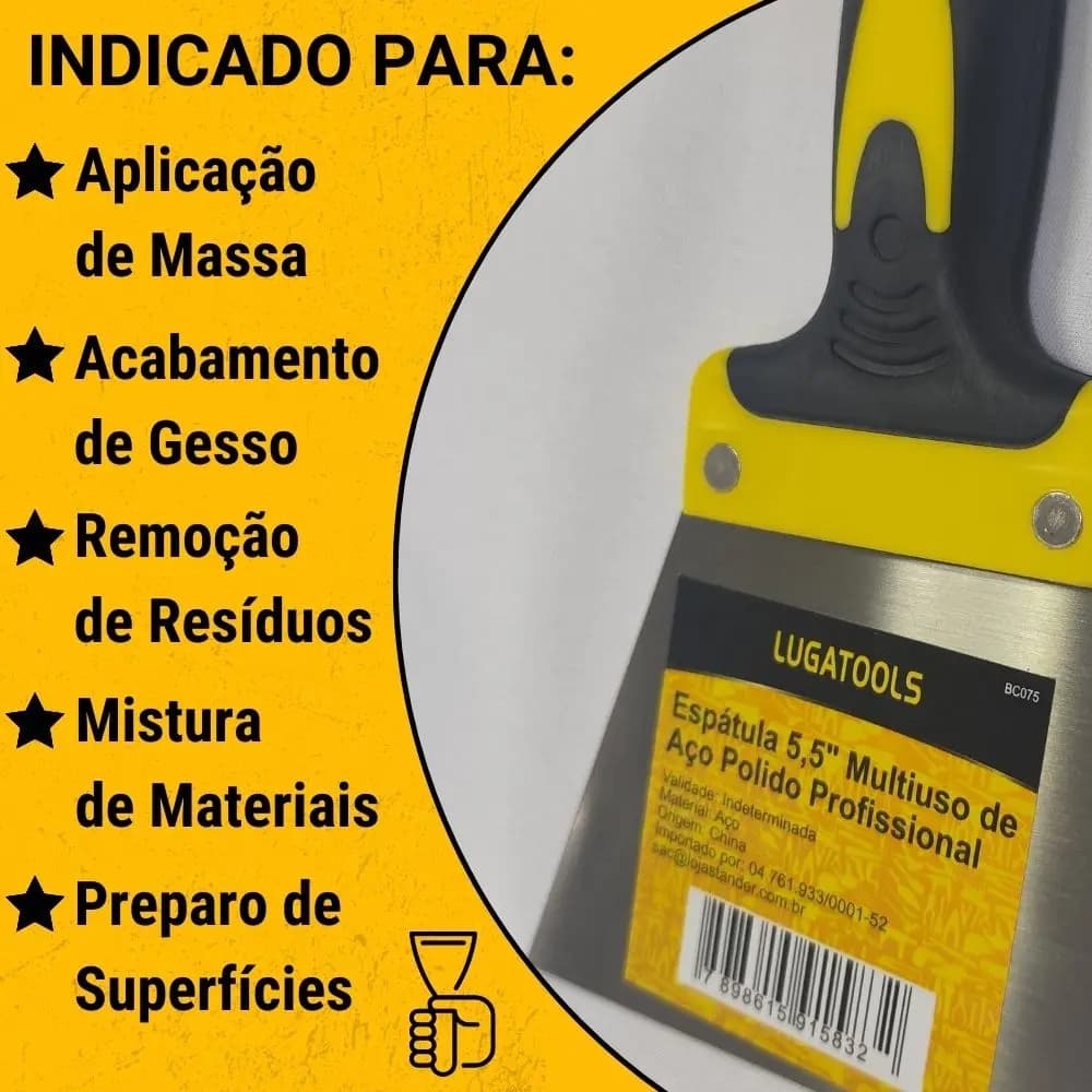 Espátula Lugatools profissional multiuso 5,5 polegadas em aço polido com cabo preto para aplicação de massa e acabamento de gesso