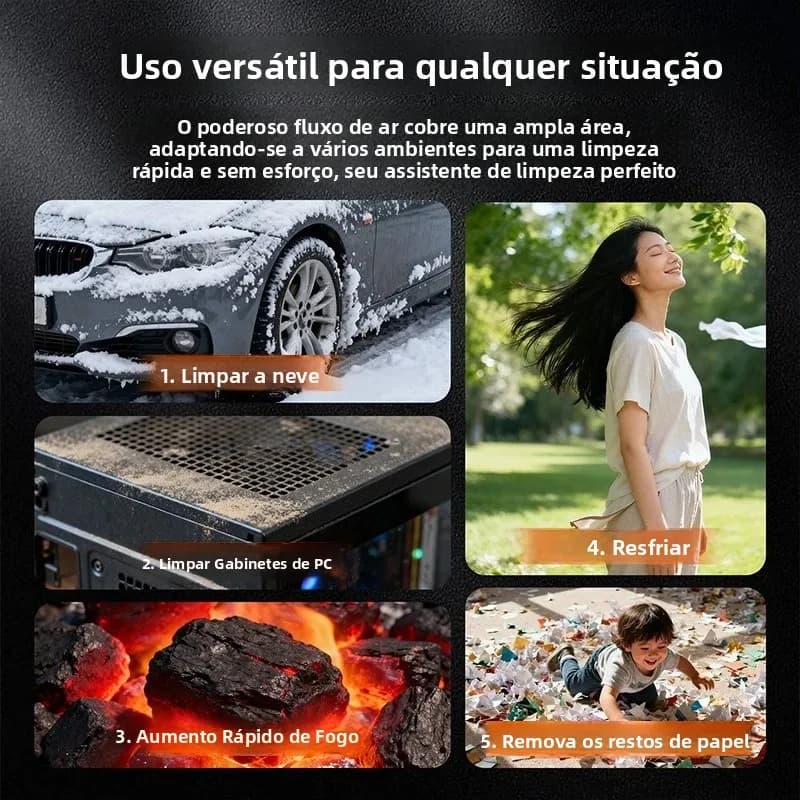 Ventilador automotivo preto versátil para limpar neve, gabinetes de PC, acelerar fogo, resfriar e remover papel
