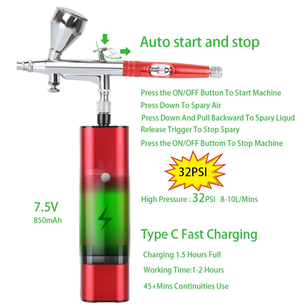 Aerógrafo portátil RIBO com kit compressor, mini air brush, vermelho e alumínio