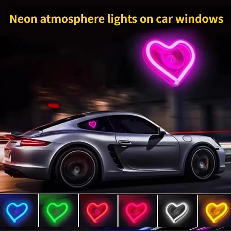 Luzes neon em forma de coração iluminadas por LED para carros, com várias cores disponíveis.