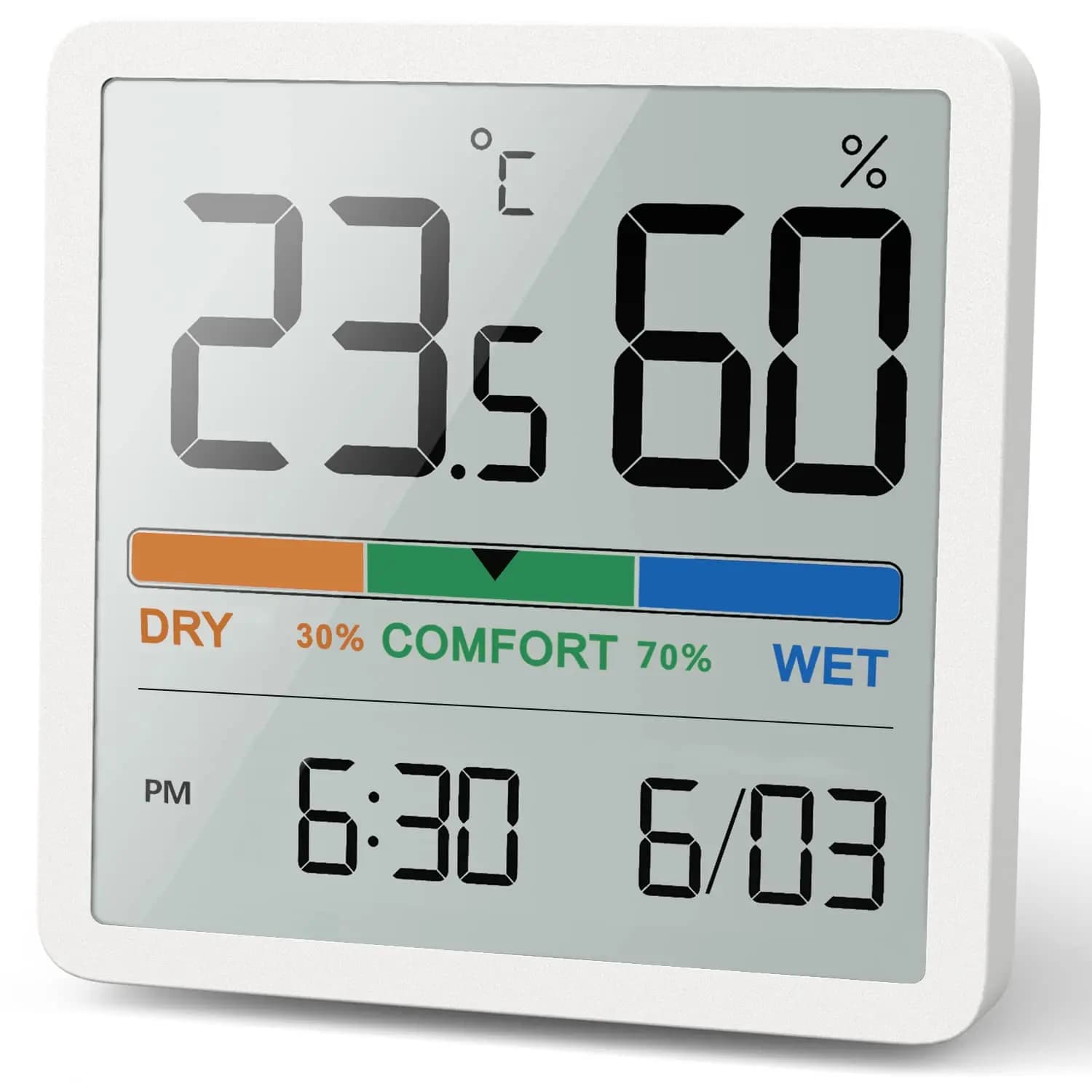 Higrômetro digital de mesa preto com display cinza claro mostrando temperatura e umidade em LCD