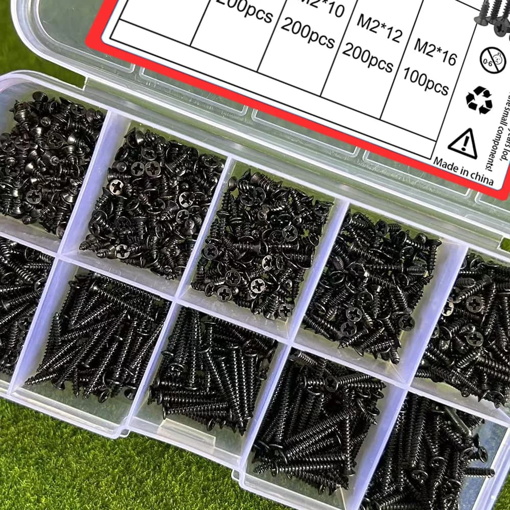Kit de 700 parafusos auto-roscantes pretos M2 em compartimentos transparentes, diferentes comprimentos