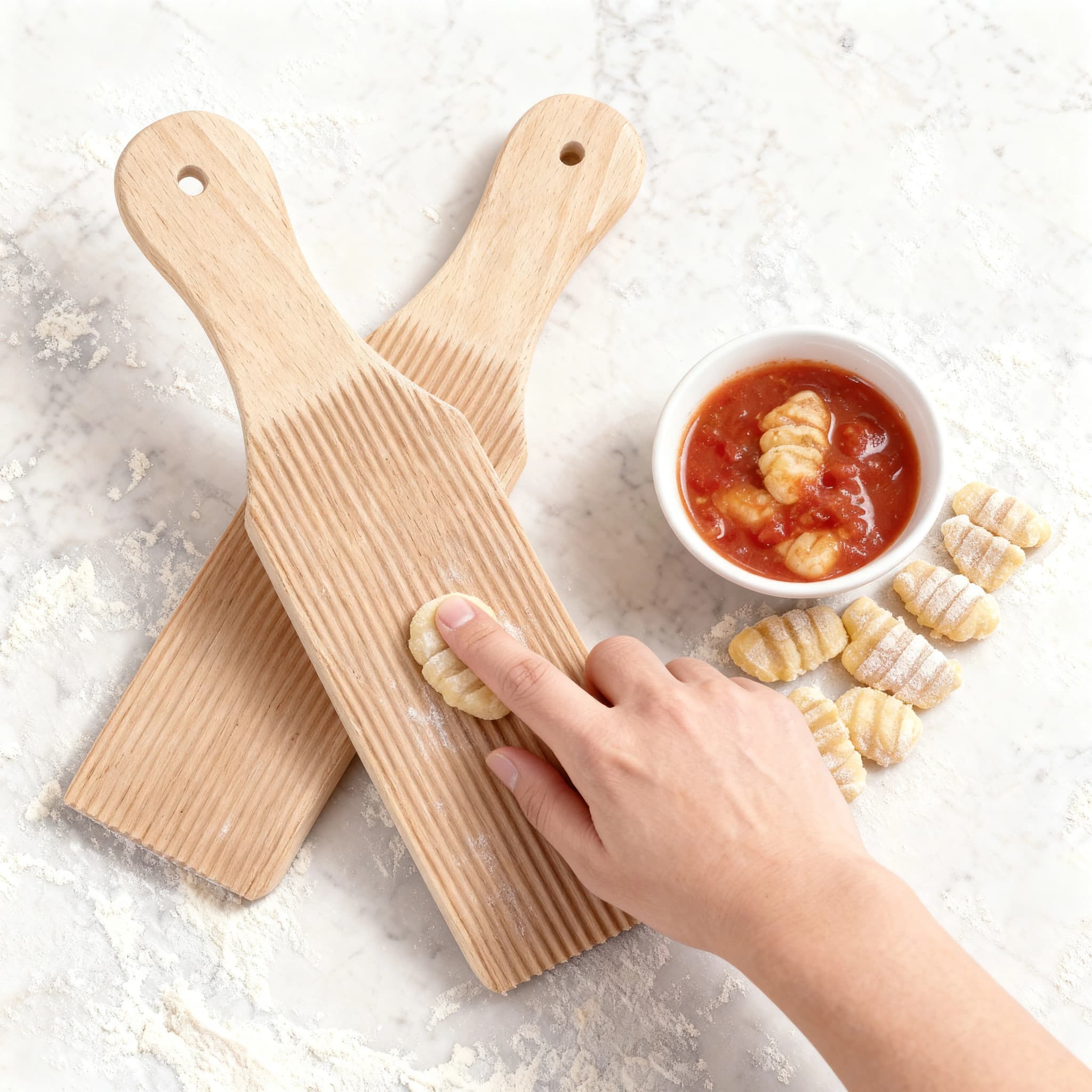Placas de madeira para gnocchi com uma mão segurando gnocchi no fundo branco
