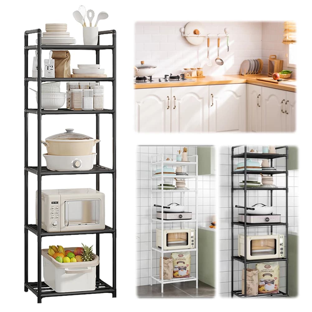 Prateleira de armazenamento de metal de 6 camadas para cozinha com micro-ondas e frutas