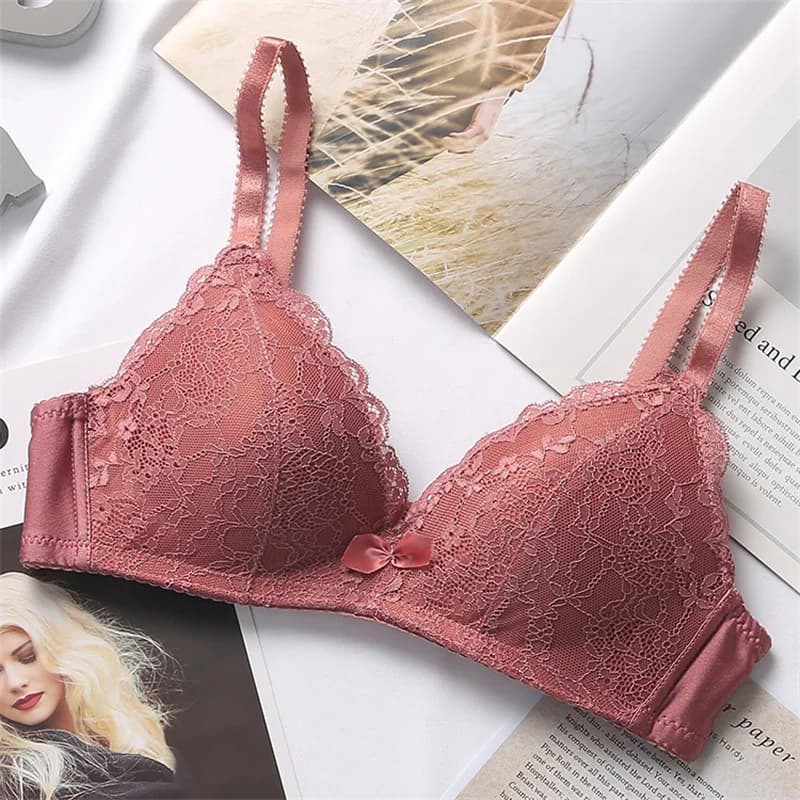 Sutiã feminino push up rosa claro com renda delicada e laço central, 3/4 cobertura