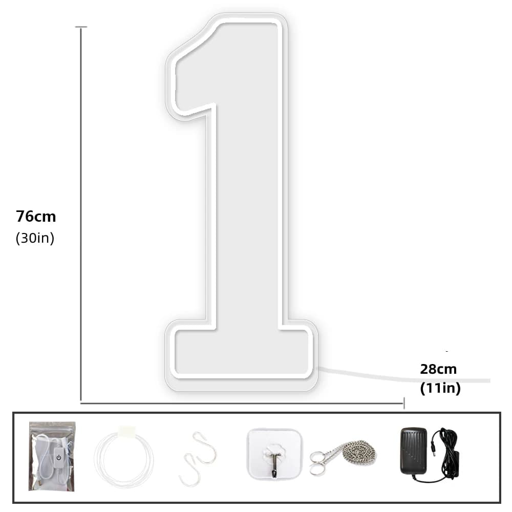 Sinal de números de néon LED de tamanho extragrande, 76 cm | 100 cm, iluminado em branco.