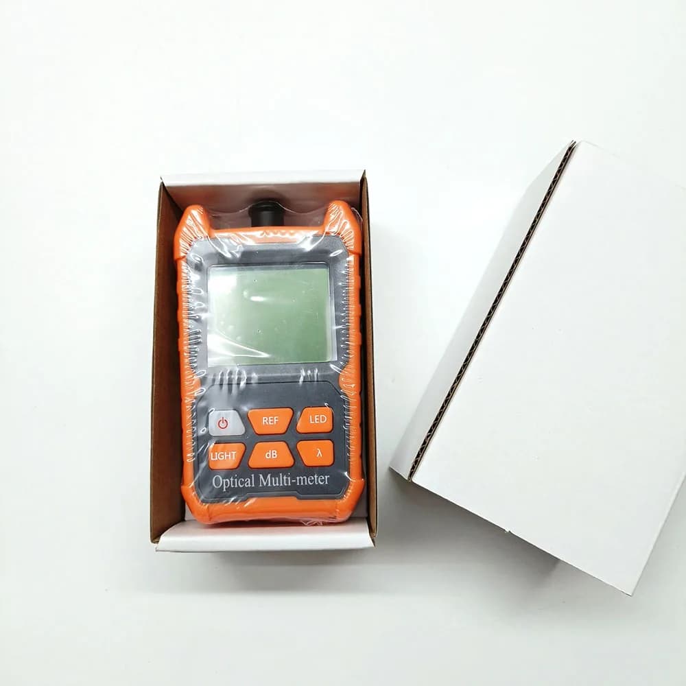 Medidor de potência óptica portátil mini OPM na embalagem de papelão branco lacrado