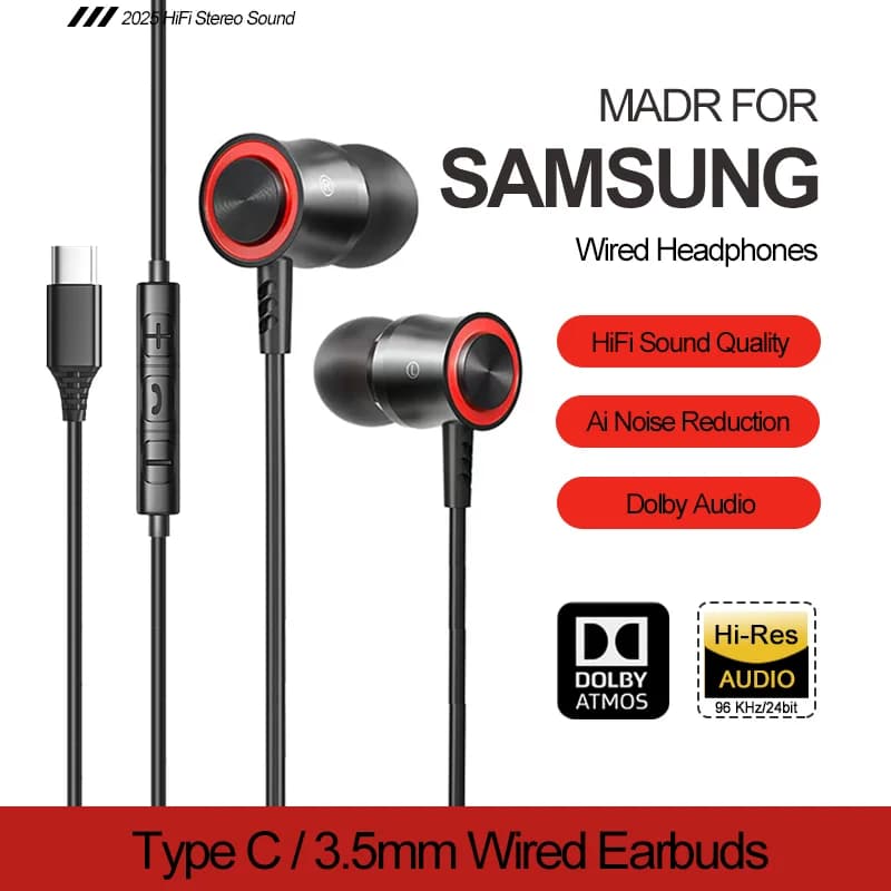 Fones de ouvido USB-C com conector tipo C e 3.5mm para Samsung e iPhone