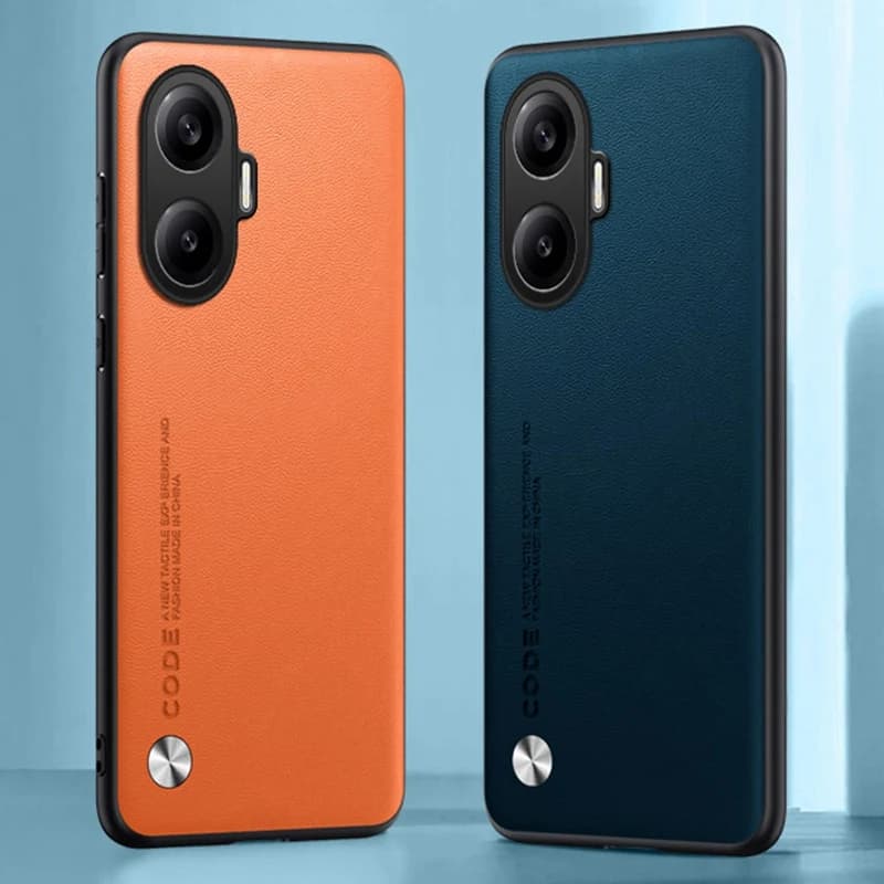 Capas para Xiaomi Poco F7 5G em couro PU nas cores laranja e azul, design elegante e proteção reforçada