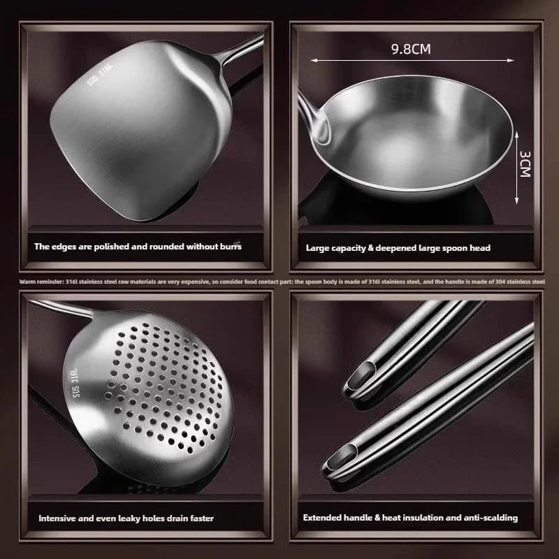 Utensílios de cozinha inox prata com bordas polidas, colher funda, escumadeira com furos e cabo longo anti-queimadura