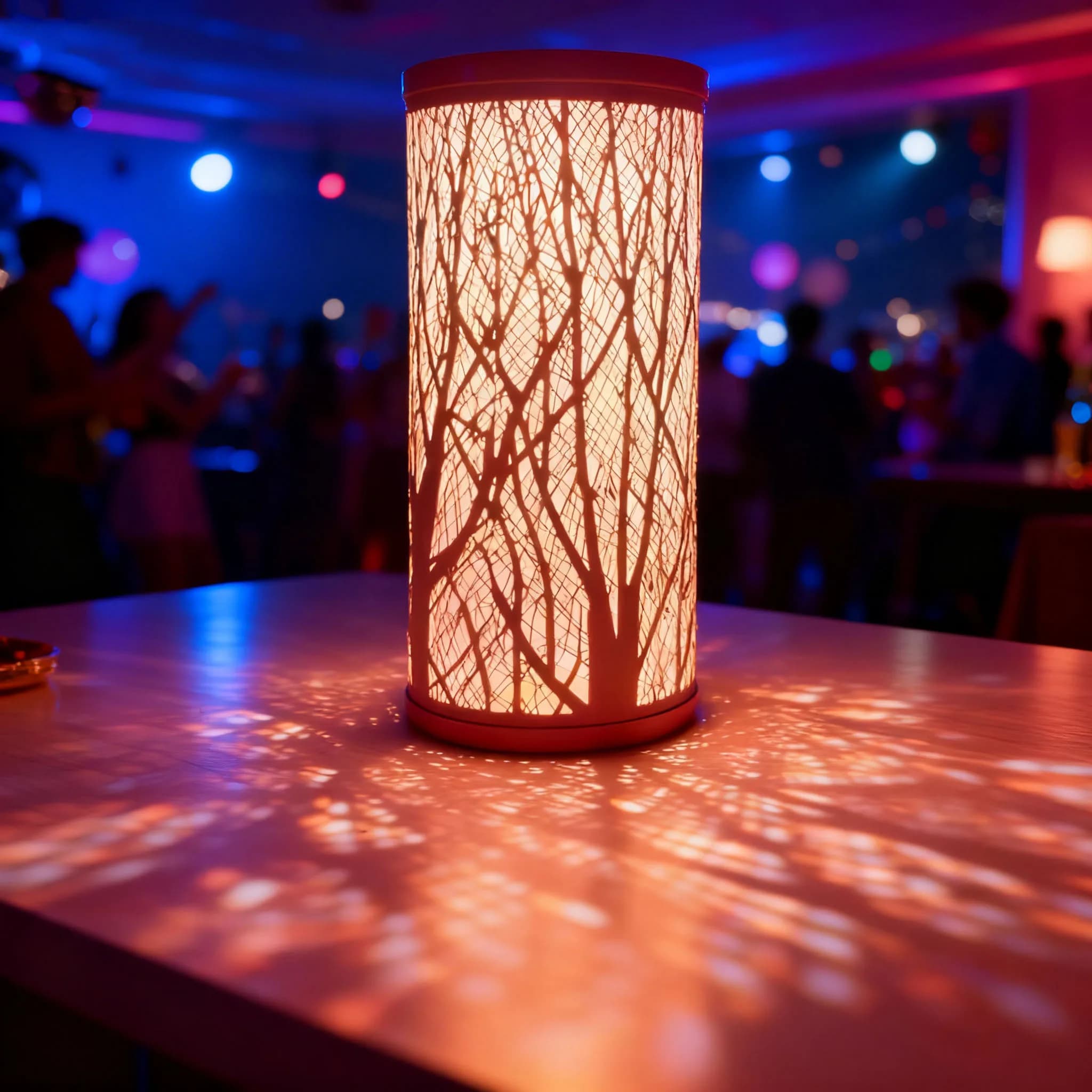 Luminária de mesa vintage em ferro com design de árvore, luz laranja suave.