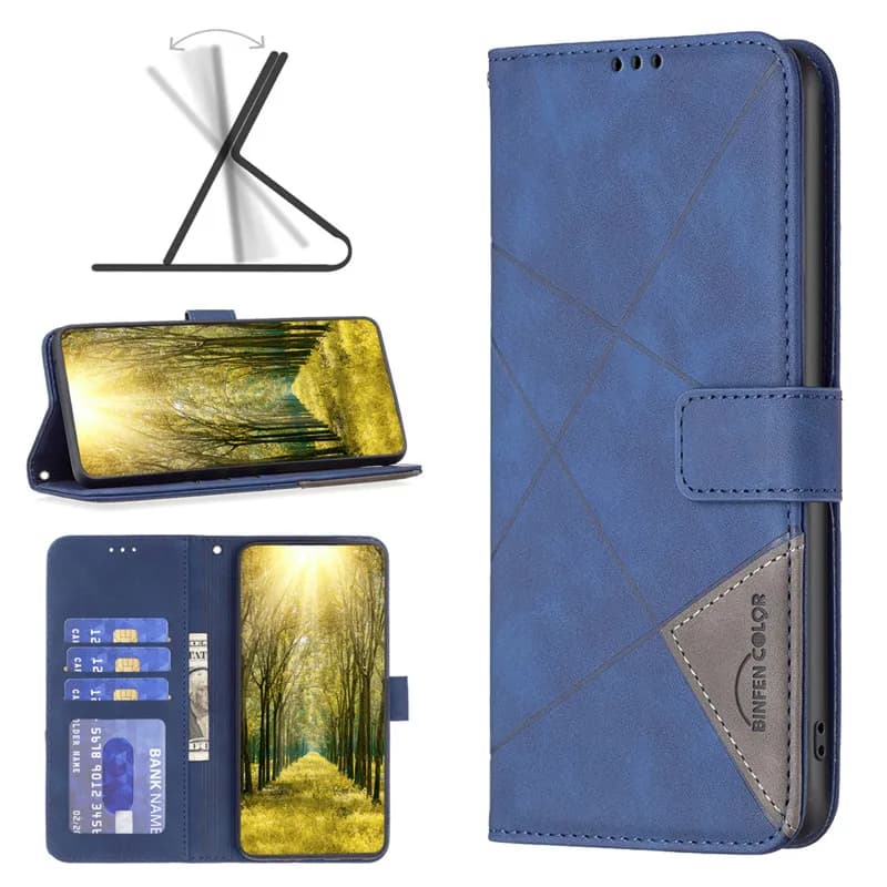 Capa carteira azul para Xiaomi Poco F5 Pro em couro sintético com suporte ajustável e compartimentos para cartões