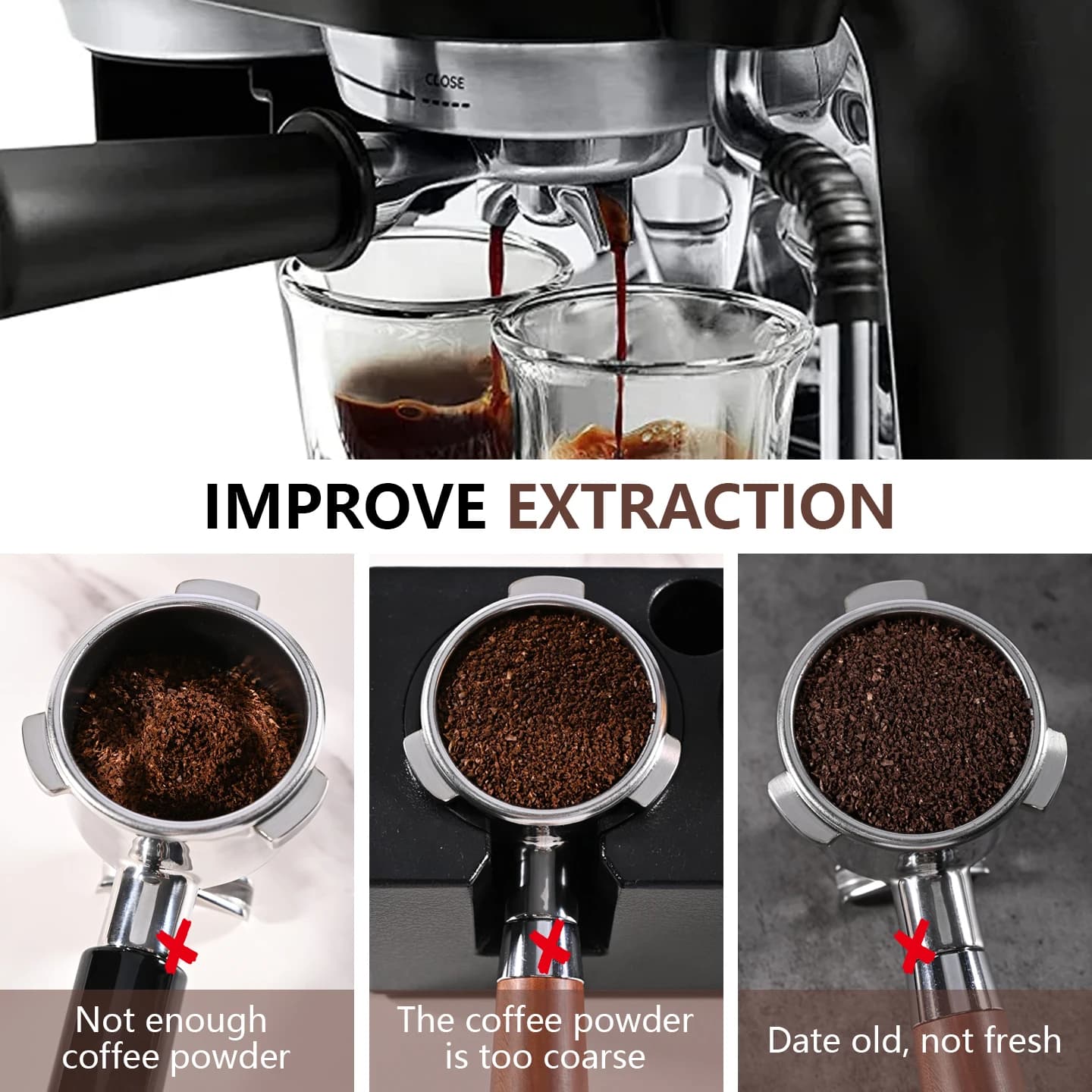 Portafiltro inox com café moído mostrando extração melhorada para café expresso mais fresco e saboroso