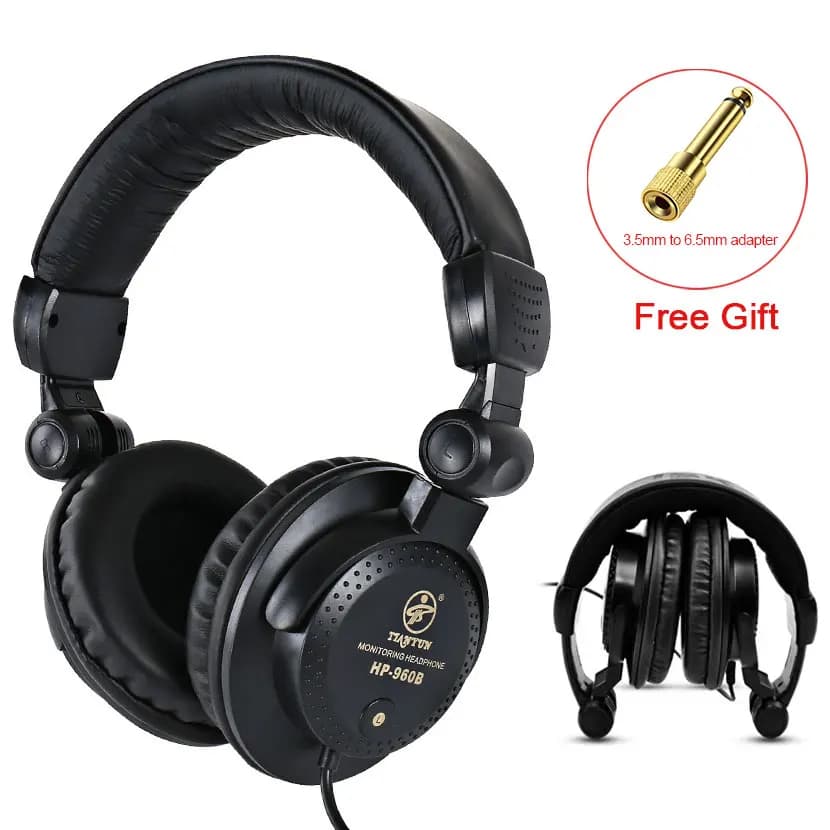 Fone de ouvido HP-960B preto com almofadas de couro sintético e adaptador de 3,5mm a 6,5mm