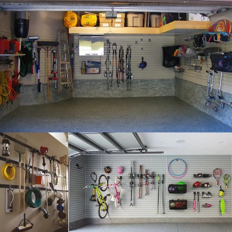 Ganchos de suspensão para parede organizando ferramentas e equipamentos em garagem