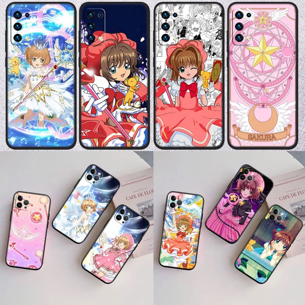 Capas de celular com estampas de anime, personagens variadas, cores predominantes rosa e branco