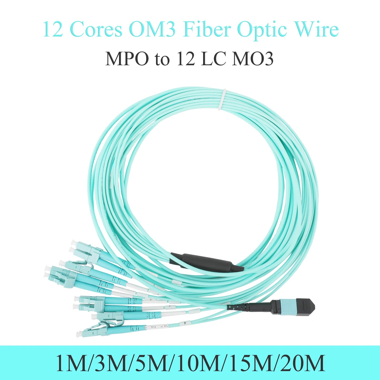 Cabo de Extensão de Fibra Óptica 12 Fibras MPO para 12LC OM3 1M/3M/5M/10M/15M/20M