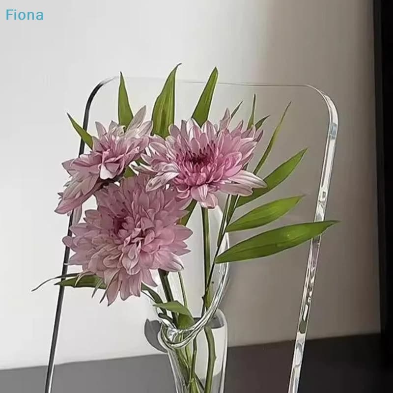 Vaso decorativo acrílico transparente com flores lilás e folhas verdes para hidroponia