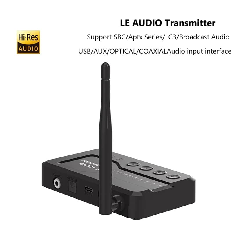 Transmissor Bluetooth preto Auracast LC3 com antena e entradas coaxial, óptica, USB-C e AUX