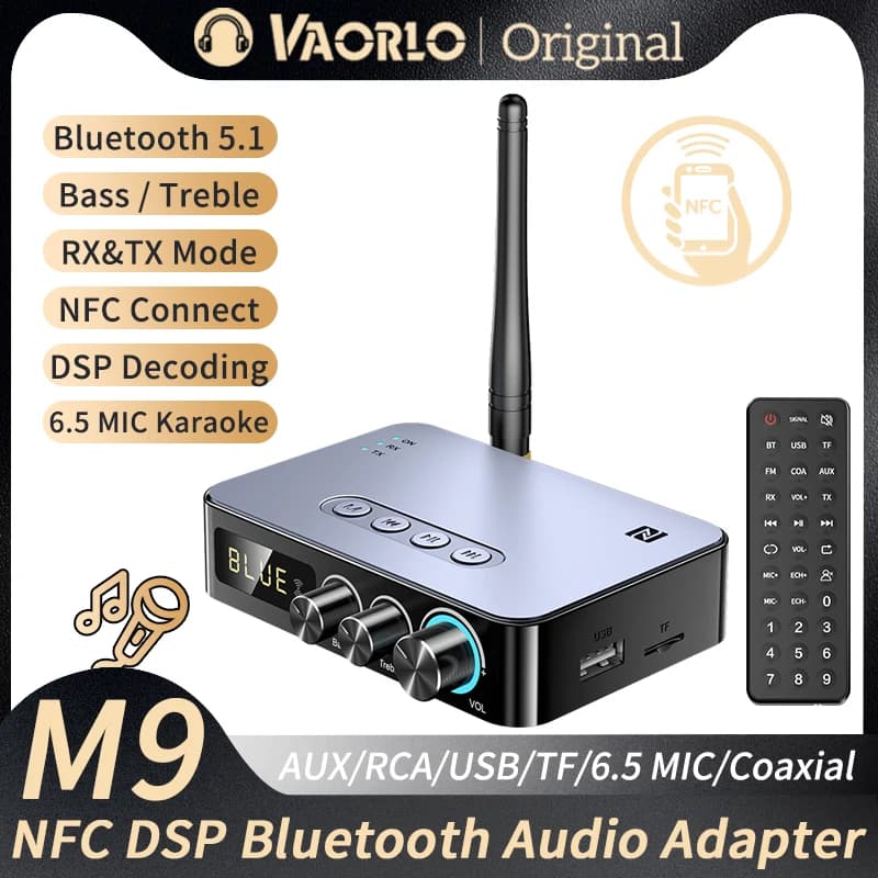 Receptor de áudio Bluetooth M9/M9pro cinza metálico com controle remoto e diversas entradas e saídas.