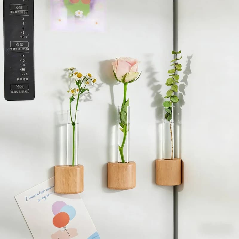 Vasos magnéticos de parede para tubos de ensaio com flores, madeira natural, simples e modernos