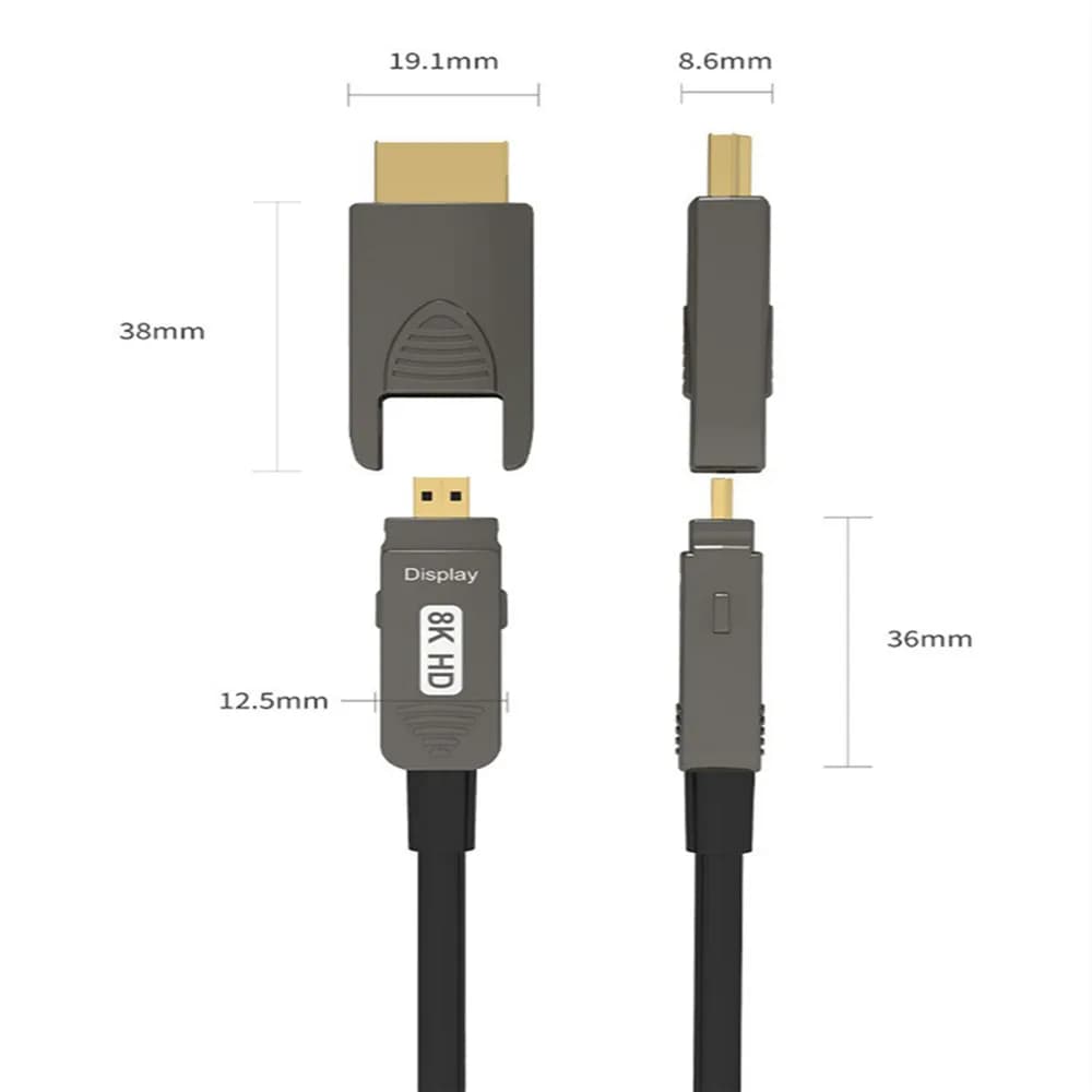 Dimensões do cabo HDMI fibra óptica industrial cinza com conectores Micro HDMI e HDMI para vídeo 8K HD