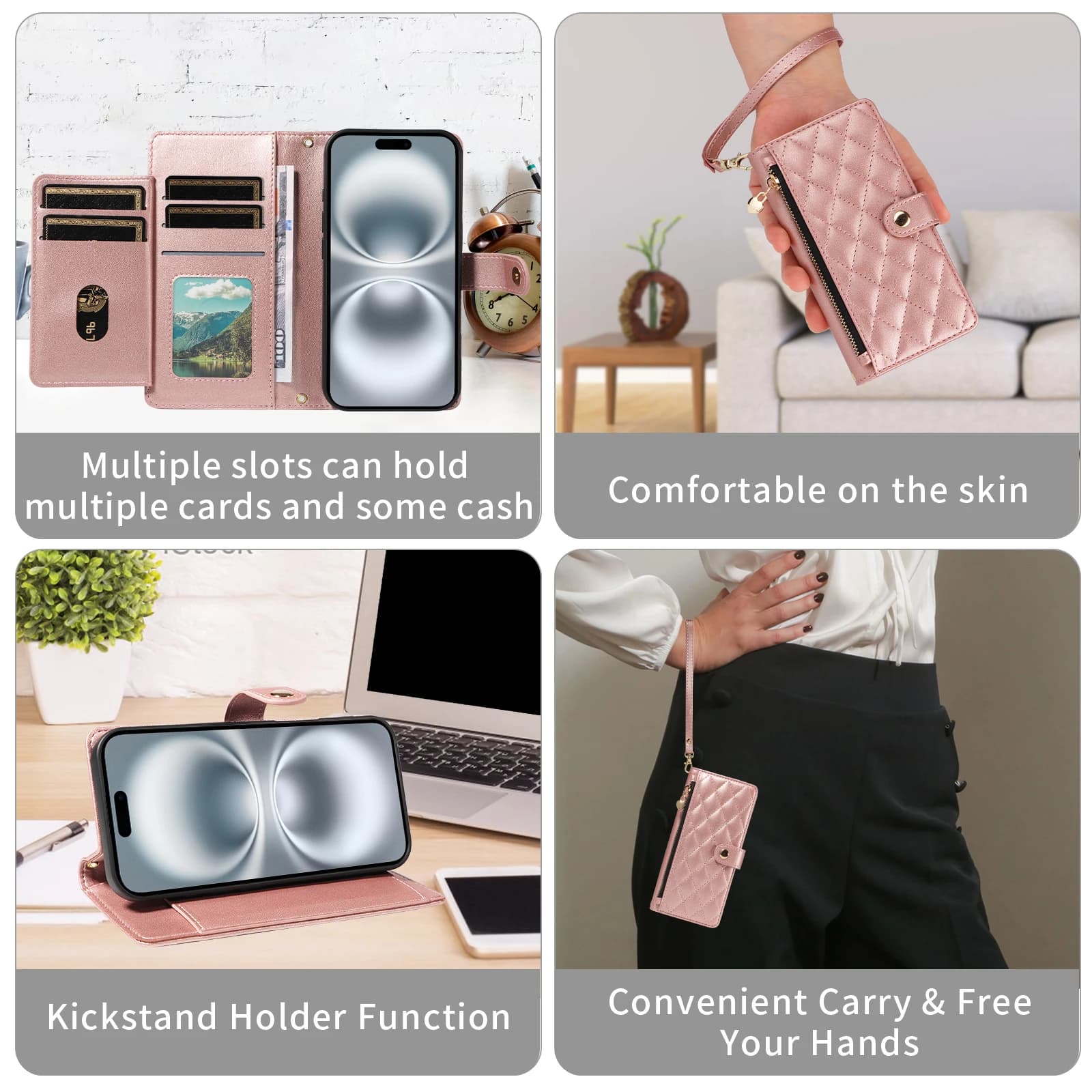 Capa carteira rosa para celular Xiaomi confortável, prática, com múltiplos slots e alça para transporte