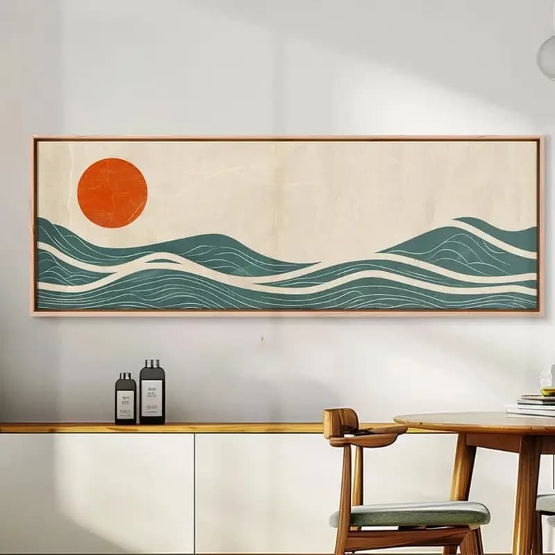 Impressão artística em tela minimalista do pôr do sol com ondas azuis e laranja