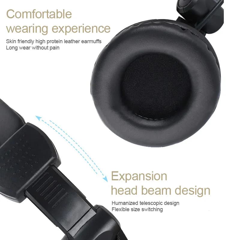Fone de ouvido preto com almofadas em couro sintético e design ajustável para conforto prolongado