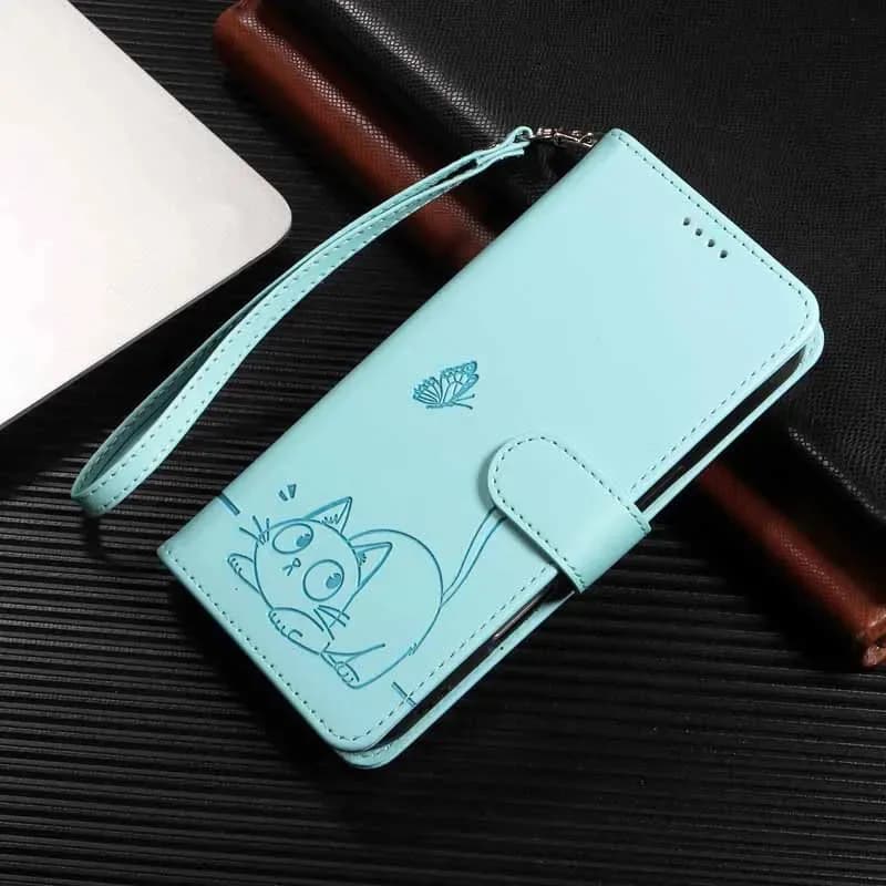 Capa flip carteira azul claro com estampa de gato e borboleta para celular Redmi Note 8