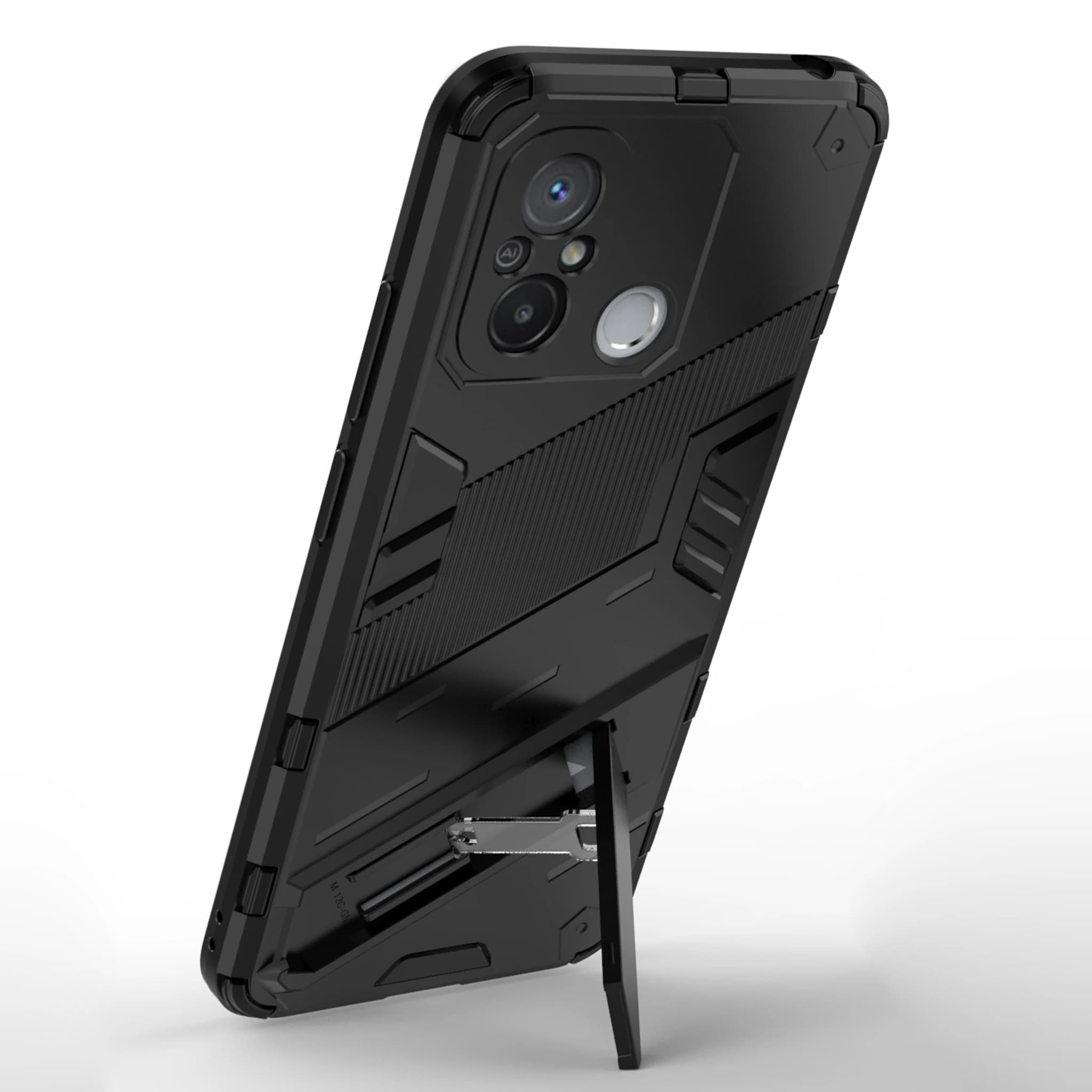 Capa resistente preta para Xiaomi Redmi 11A 12C com suporte integrado e design robusto em TPU