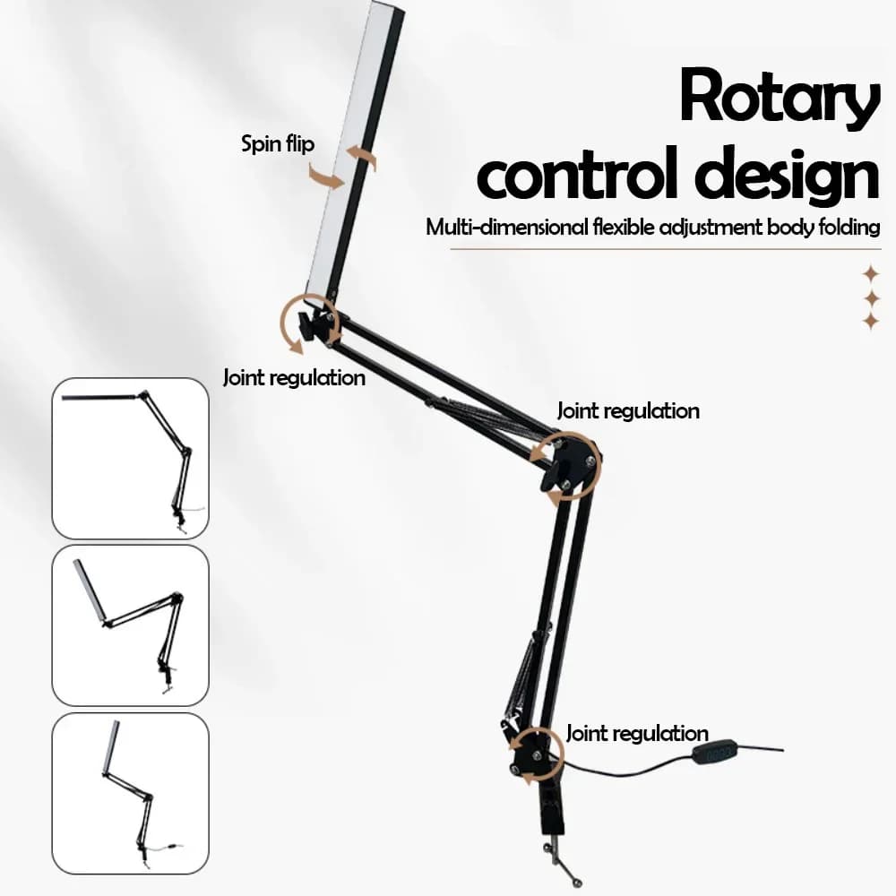 Luminária de mesa LED preta com design de controle rotativo e articulações reguláveis flexíveis