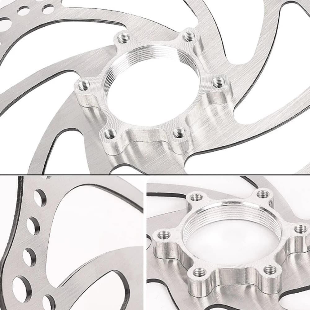 Rotor de freio a disco esportivo prata metálico com adaptador flange 6 parafusos para bicicleta