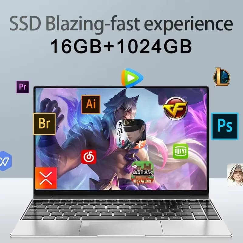 Notebook de 14.1 polegadas com tela HD, teclado preto e corpo prateado, ideal para escritório.