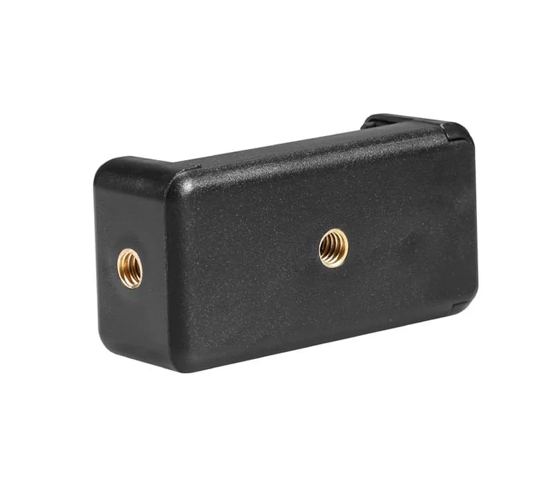 Suporte para celular universal preto com entradas de parafuso metálicas para fixação em tripé ou acessórios