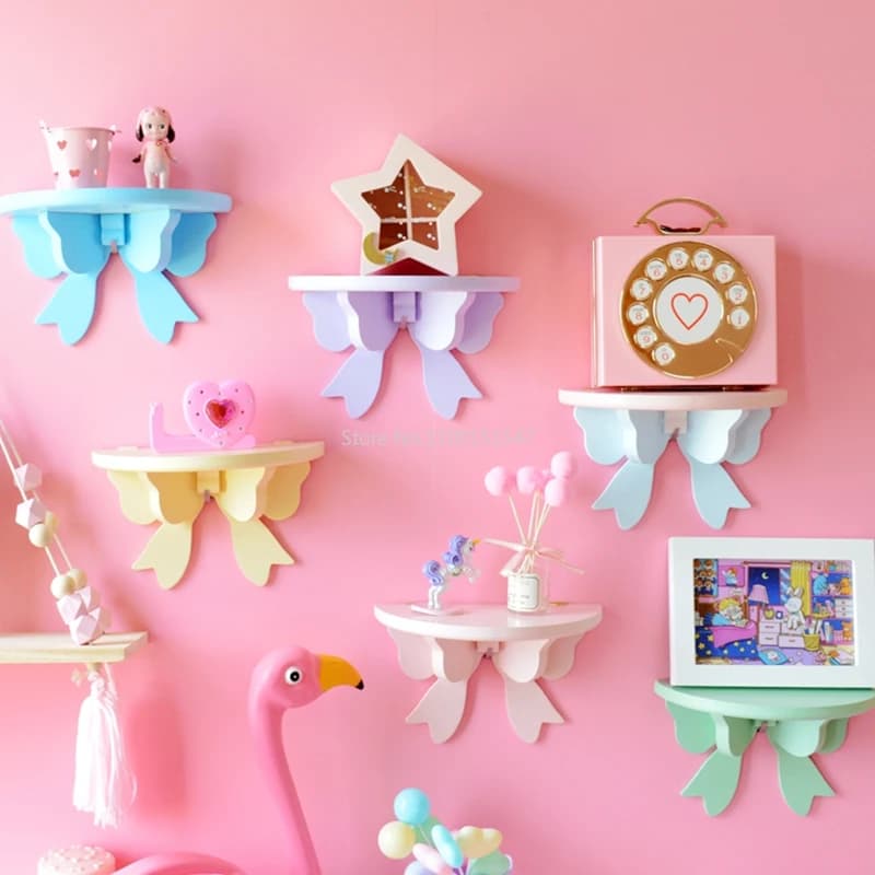 Bow Rack Kawaii de Parede para Meninas, Armazenamento De Parede, Decoração Do Quarto, Soco Livre, Prateleiras Rosa