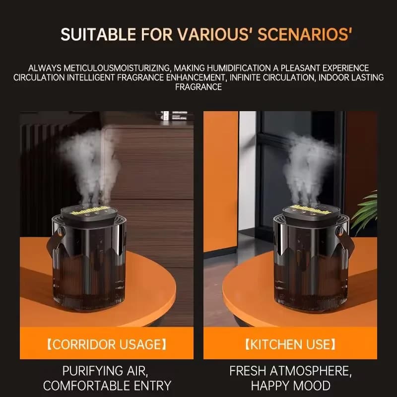 Umidificador de ar preto com difusor de aroma em uso no corredor e cozinha, spray triplo liberando névoa