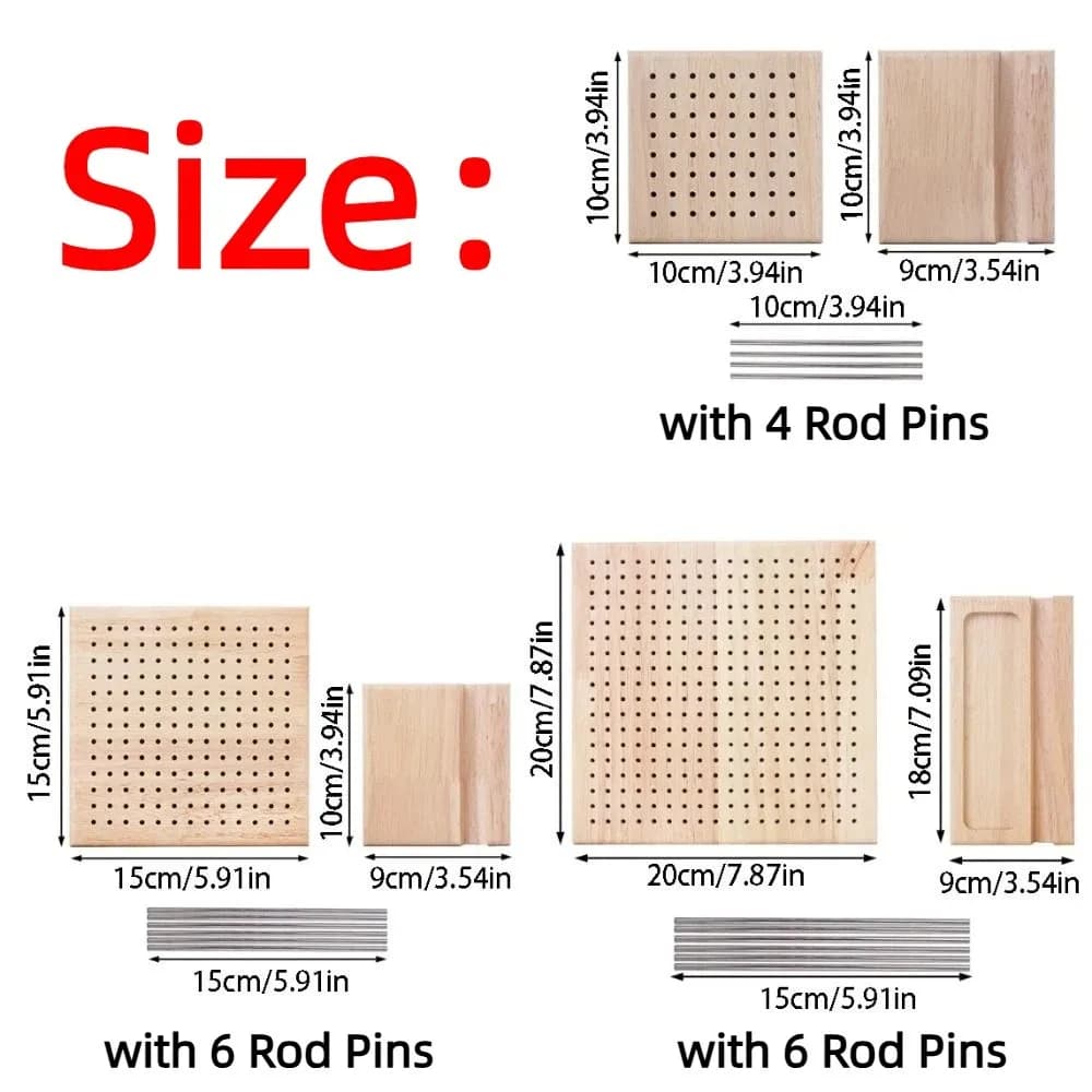 Dimensões placa de bloqueio para crochê madeira 10, 15 e 20cm com base e pinos metálicos