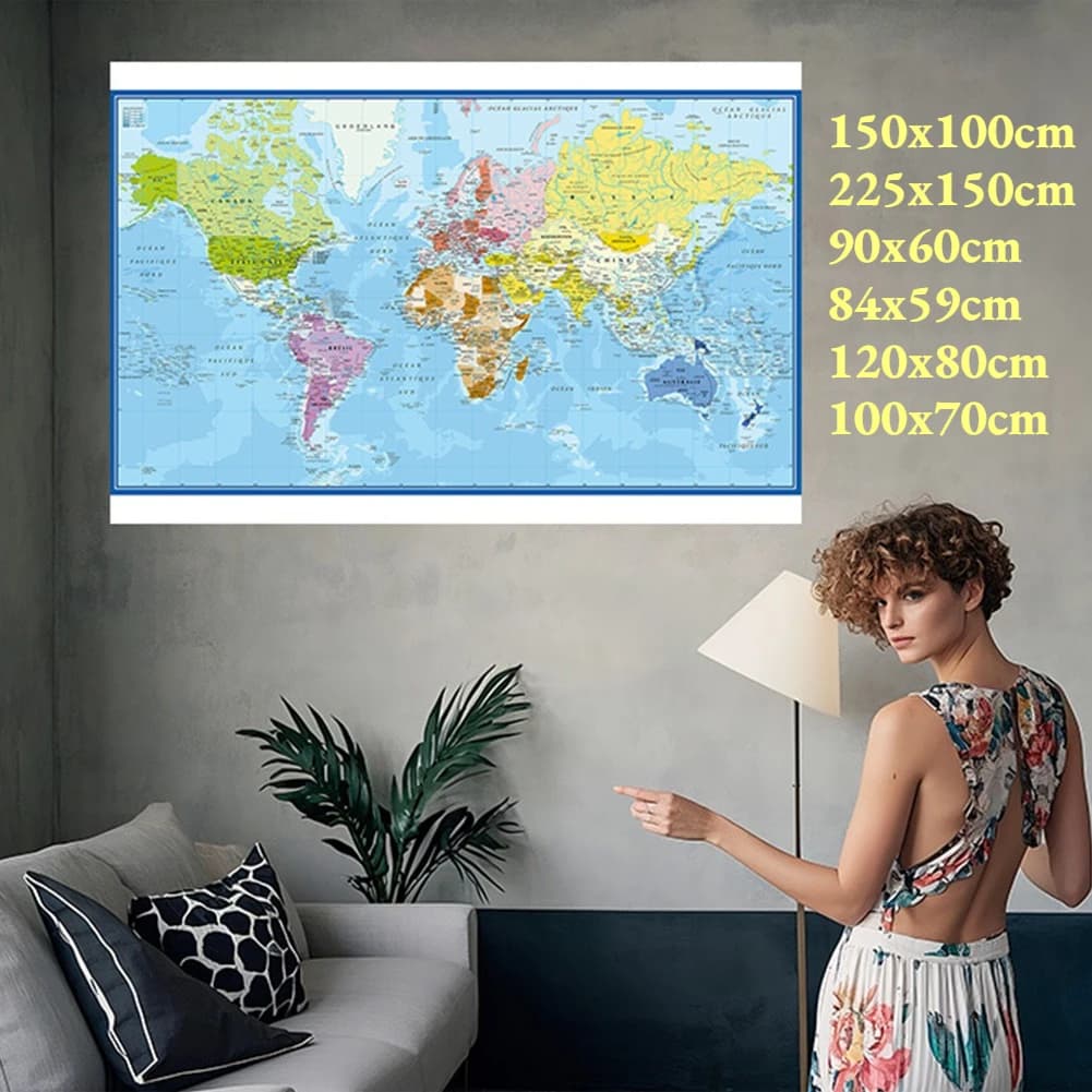 Cartaz de parede mapa do mundo língua francesa poliéster pintura vinil material escolar escritório decoração para casa carte monde