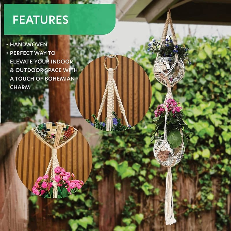 Vasos pendurados Disco Ball Boho com suporte de corda trançada para decoração boêmia indoor e outdoor