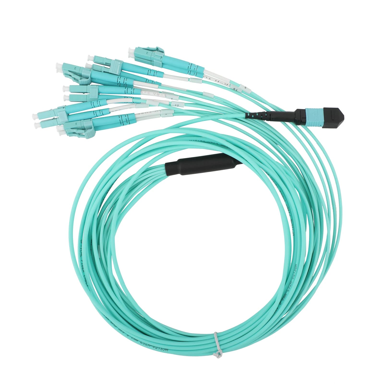 Cabo de fibra óptica multimodo 10G OM3 turquesa com conector MPO e 12 conectores LC em espiral