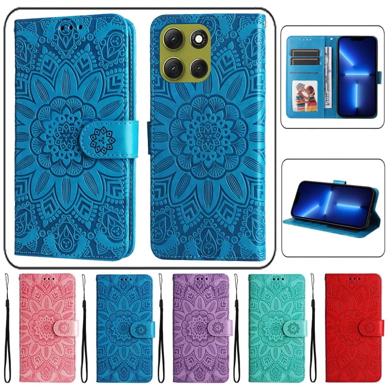 Capa flip azul para Motorola Moto G06 com design floral em relevo