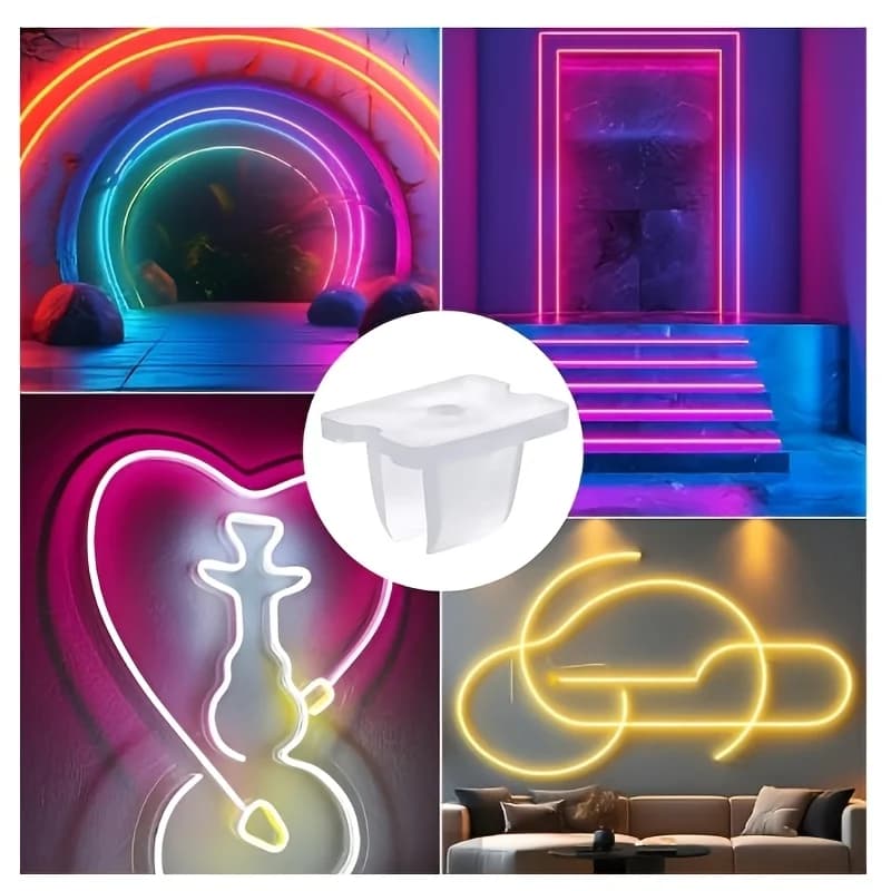Clipes de fixação para fita de LED em várias formas e cores, incluindo arco, coração e nuvens.