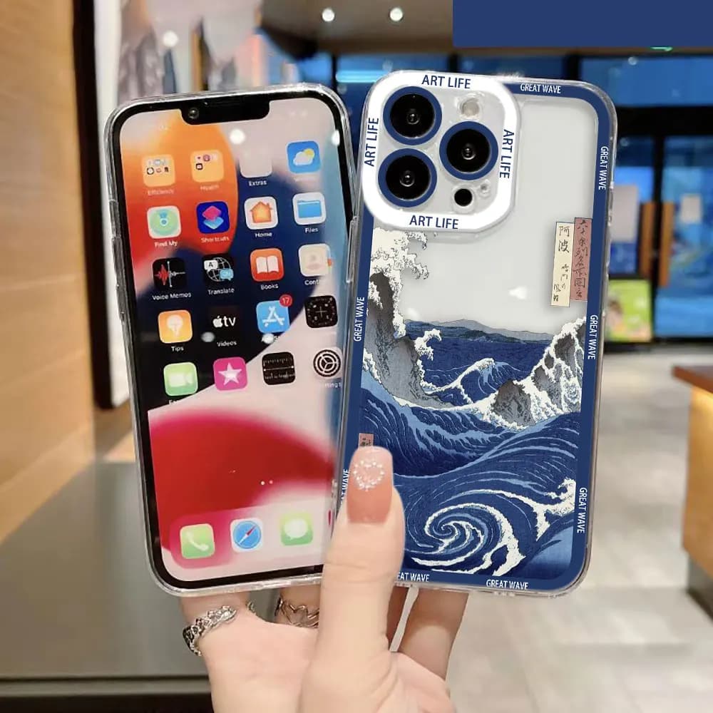 Capa transparente para Xiaomi Redmi Note com estampa artística The Great Wave K-Kanagawa azul e branca