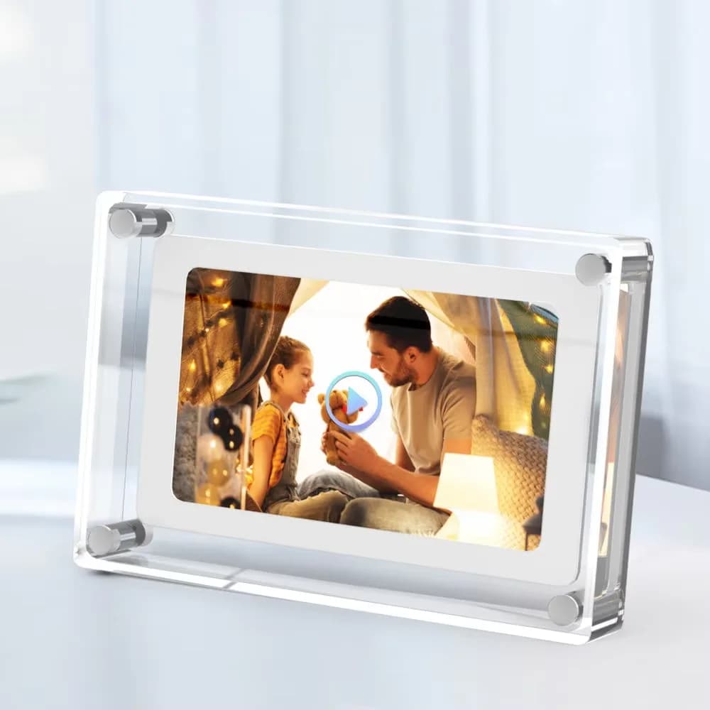 Moldura digital de acrílico de 5 polegadas com foto de pais e filhos