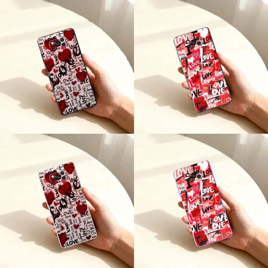 Conjunto de capas para Xiaomi Poco C71, uma rosa com corações vermelhos e outra vermelha com estampa love