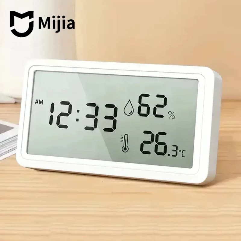 Termômetro eletrônico Mijia com tela digital mostrando hora, temperatura e umidade